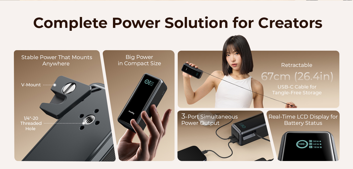 SmallRig Nano72 Power Bank with Detachable V-Mount Plate, Built-In Retractable Cable, 1/4"-20 Threaded Hole 6108