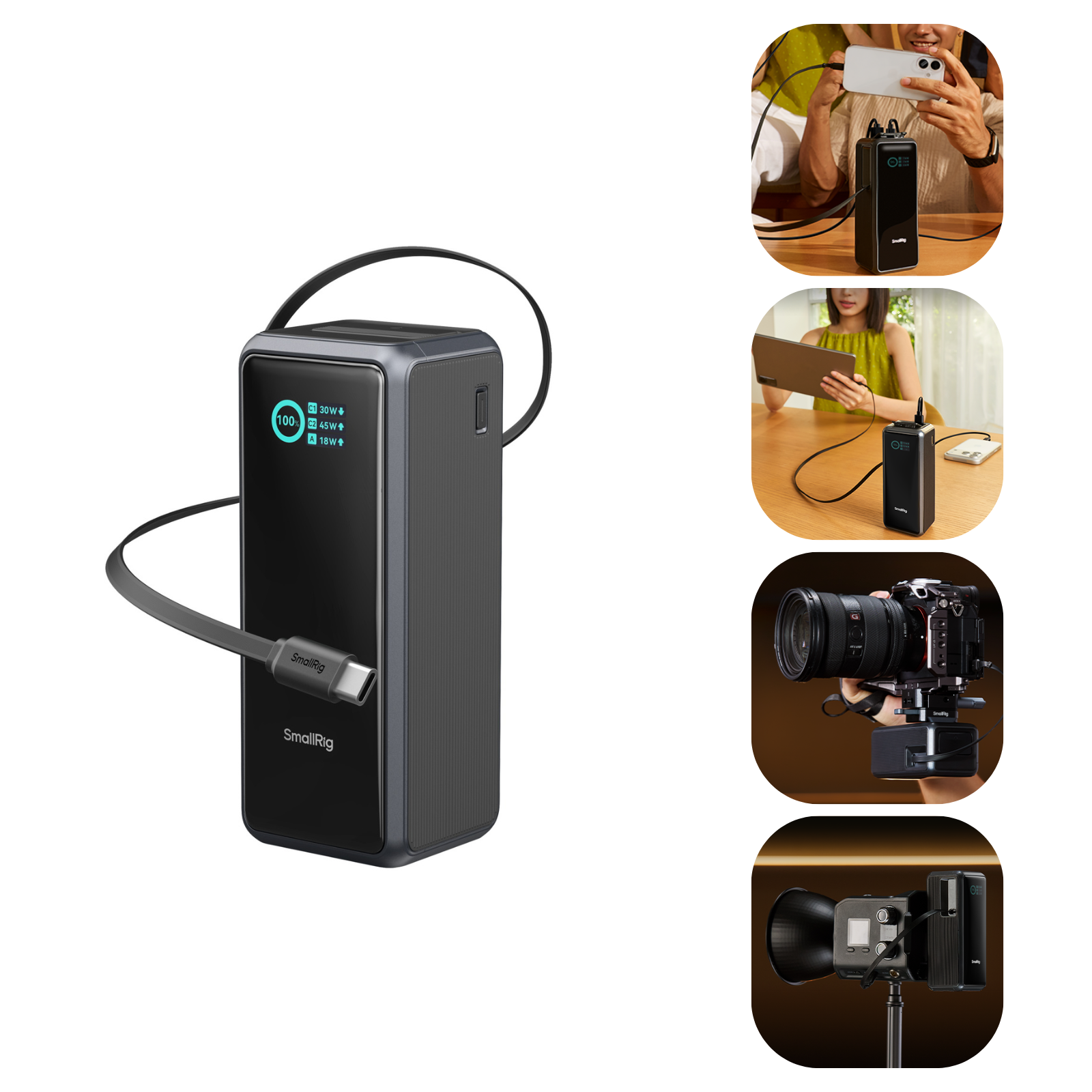 SmallRig Nano72 Power Bank with Detachable V-Mount Plate, Built-In Retractable Cable, 1/4"-20 Threaded Hole 6108