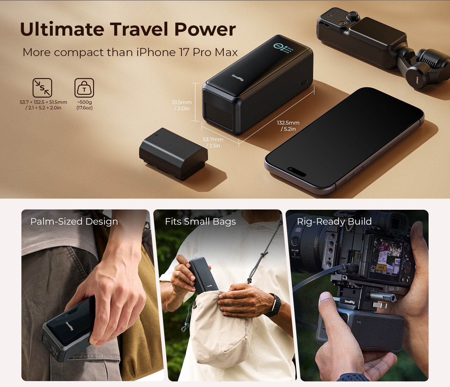 SmallRig Nano72 Power Bank with Detachable V-Mount Plate, Built-In Retractable Cable, 1/4"-20 Threaded Hole 6108