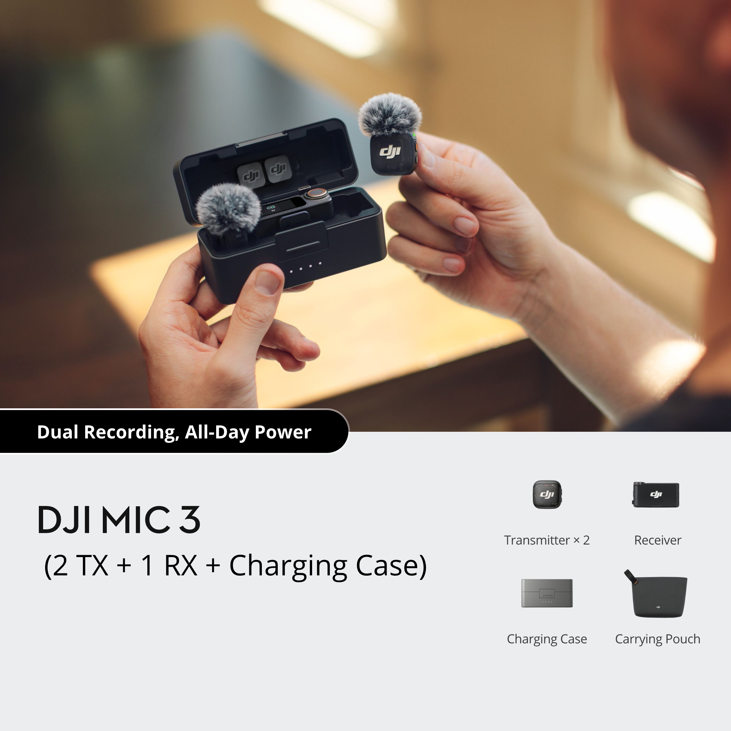 DJI Mic 3 (2 TX + 1 RX + Charging Case) Wireless Microphone System