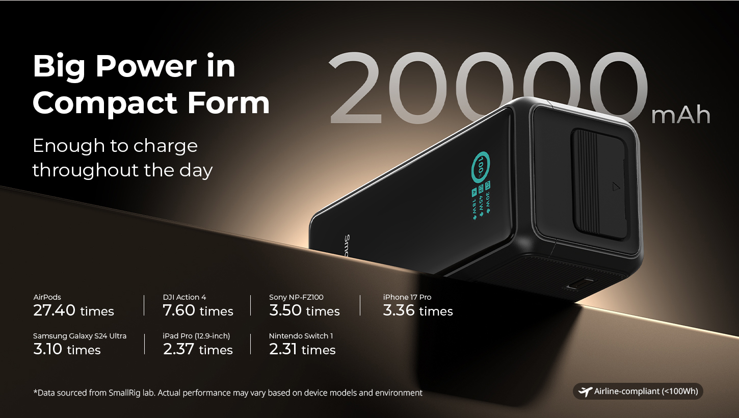 SmallRig Nano72 Power Bank with Detachable V-Mount Plate, Built-In Retractable Cable, 1/4"-20 Threaded Hole 6108